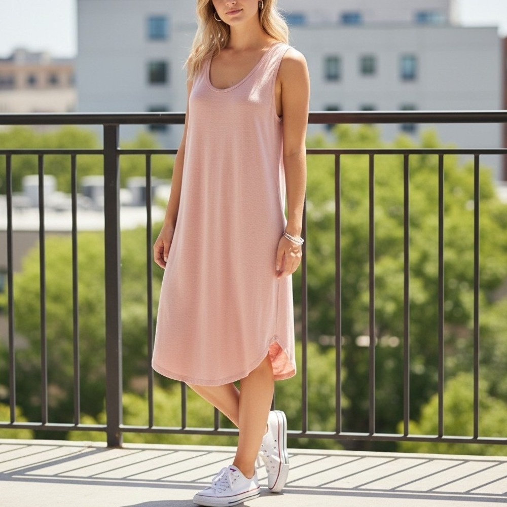 Soma Wknd Soft Knit Tank Dress Womens M Heathered Pink Curved Hem Lounge Comfort